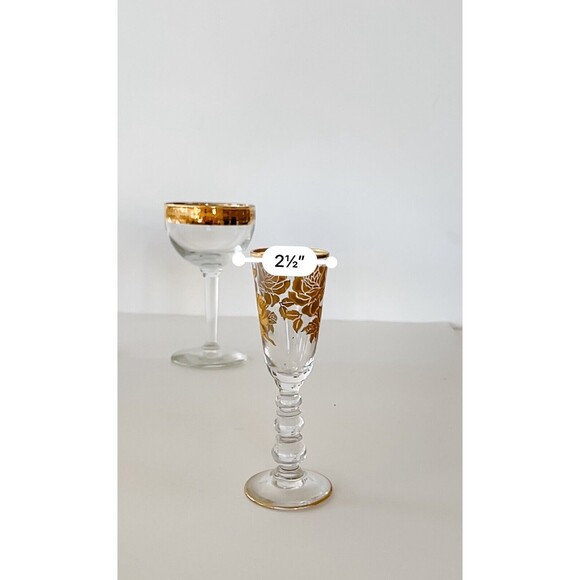 Set of 9 Vintage Etched Gold Rimmed Encrusted Crystal Wine Cordial Glasses - Picture 6 of 11